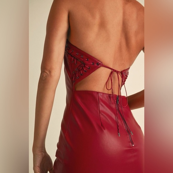 Faux Leather Lace-Up Split Hem Halter Mini Dress - EB Luxe - Picture 5 of 10